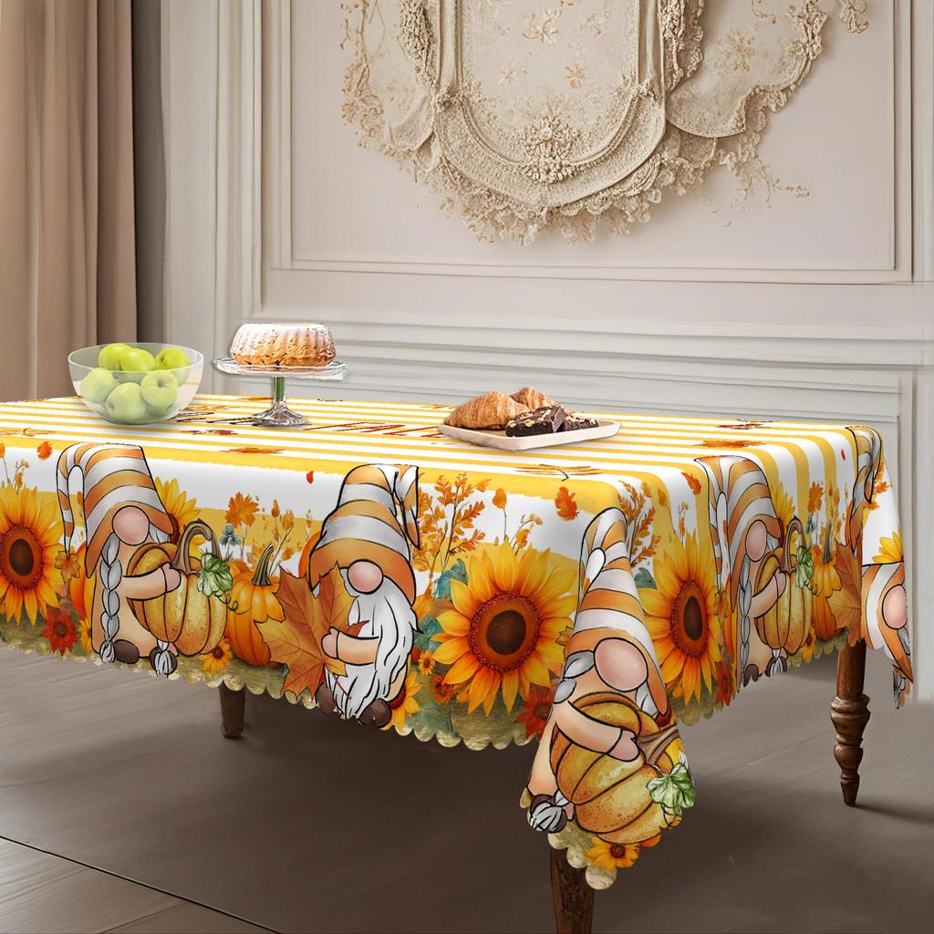 Hello Fall Warm Color Pumpkin Sunflower Striped Tablecloth, Anti-Fouling Leave-In Dining Table Cloth Coffee Table Cloth Round