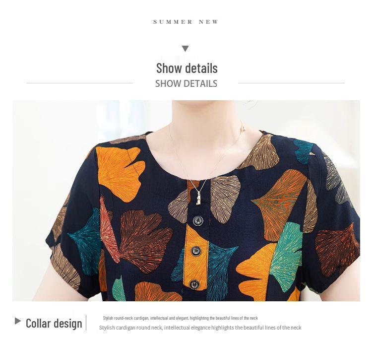 New Arrival Summer Cotton-Silk Knee-Length Loose Plus Size Short-Sleeved Dress for Mom