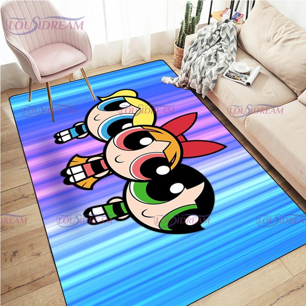 Alfombra de dibujos animados con estampado de Chicas Superpoderosas, decoración para sala de estar y dormitorio, alfombra antideslizante para baño, felpudo para suelo en el pasillo