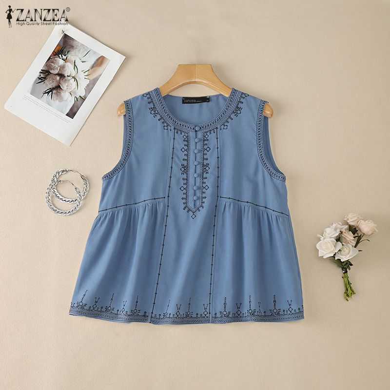 ZANZEA Women Casual Round Neck Loose Sleeveless Print Tank Tops
