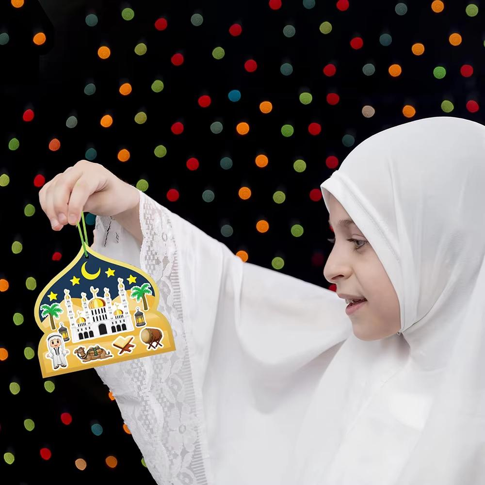 36Pcs Cartoon Islamic Sticker Craft DIY Scene Sticker with Ribbon Kits Muslim Party Home Decoration Hanging Ornament Craft