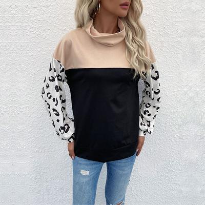 Casual Comfort and Versatility Autumn and Winter Tops Leopard Print Color Blocking Long-sleeved Turtleneck Sweater