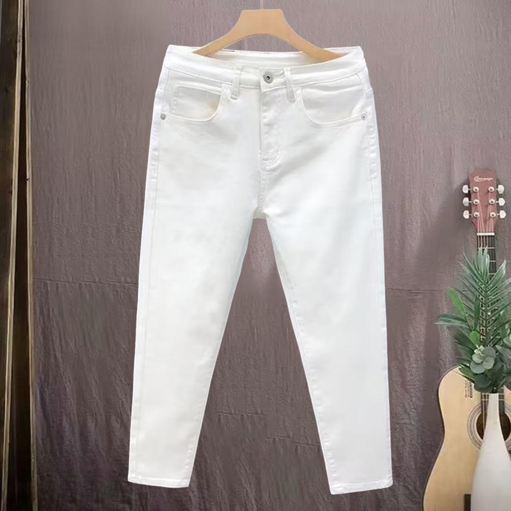 Men Jeans Buttons Zipper Fly Slim Fit Small Leg Jeans Solid Color Multi Pockets Design Stretchy Denim Pants