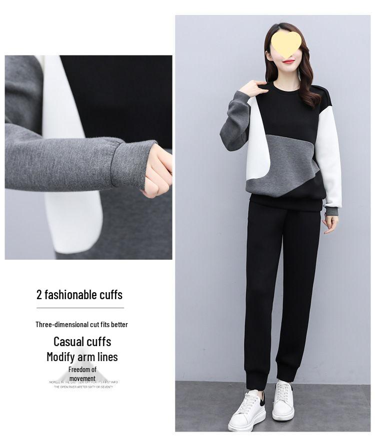 2025 Slimming Color Block Autumn Two-Piece Set - Women's Large Size Fashion