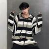 Unisex Oversized Knit Hoodie Sweater Casual Streetwear Striped Patchwork Cotton Blend Long Sleeve