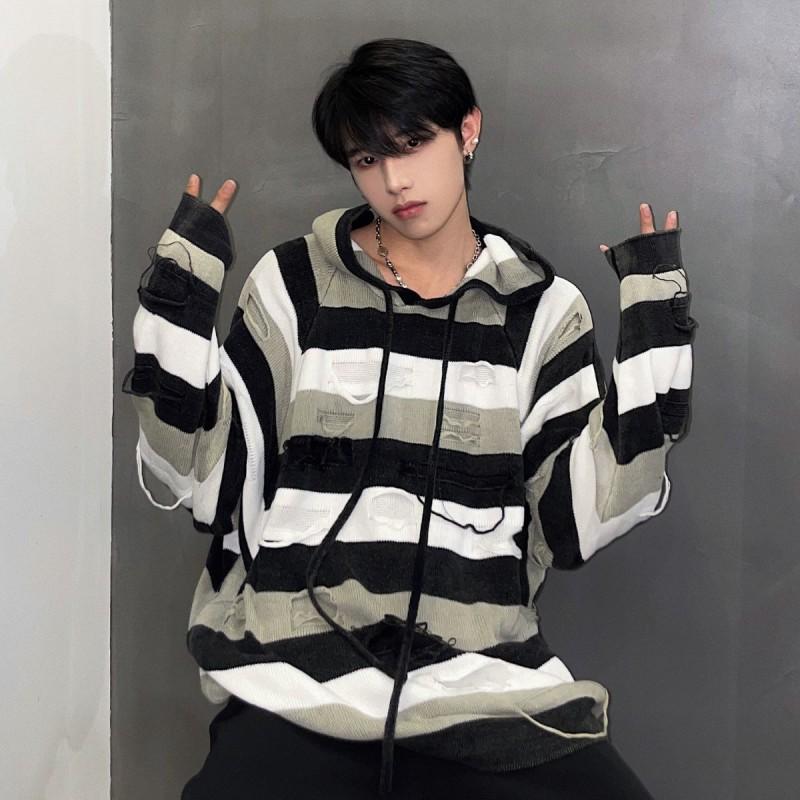 Unisex Oversized Knit Hoodie Sweater Casual Streetwear Striped Patchwork Cotton Blend Long Sleeve
