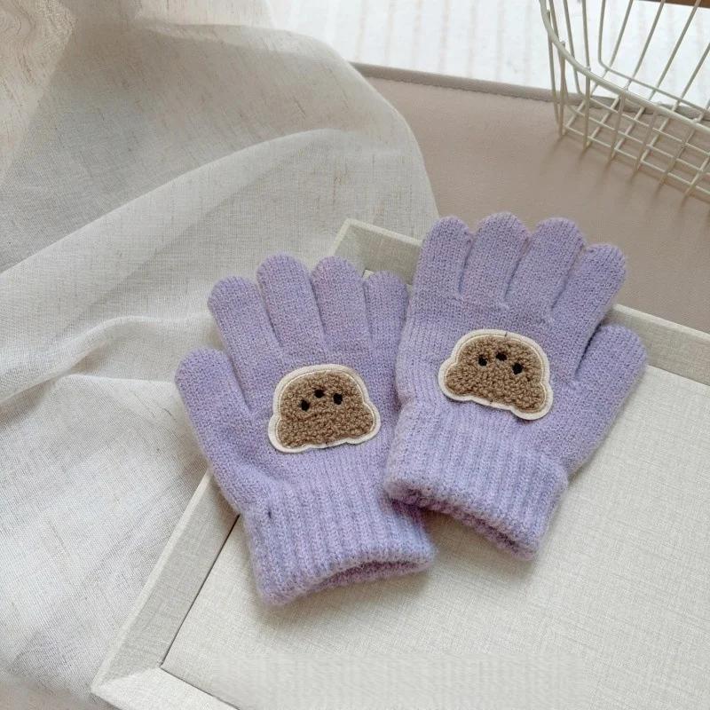 Dziecięce dzianinowe rękawiczki z misiem 3-7 lat Dziewczynki Chłopcy Uroczy Miś Miękkie Ciepłe Dzianina Pełne palce Ocieplacz na dłonie Dzieci Stylowe Ciepłe Rękawiczki