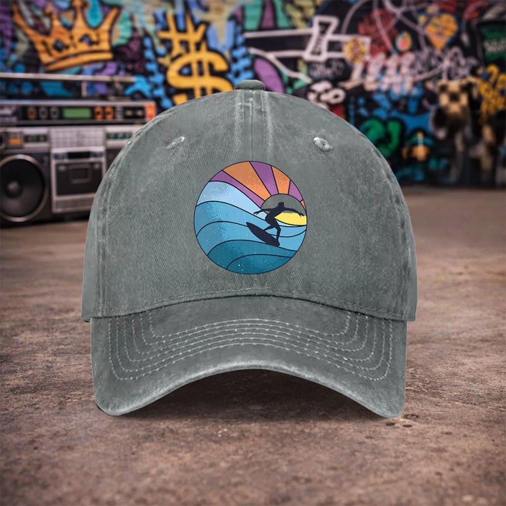pc Unisex Surfer Sunset Pattern Vintage Washed Baseball Cap UnisexS Trendy Hat Versatile Duck Tongue Hat Fun Print A Uniq