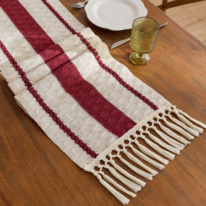 Scandinavian Style Linen Table Runner - Color Block Fringe Decor for Coffee Tables & TV Consoles