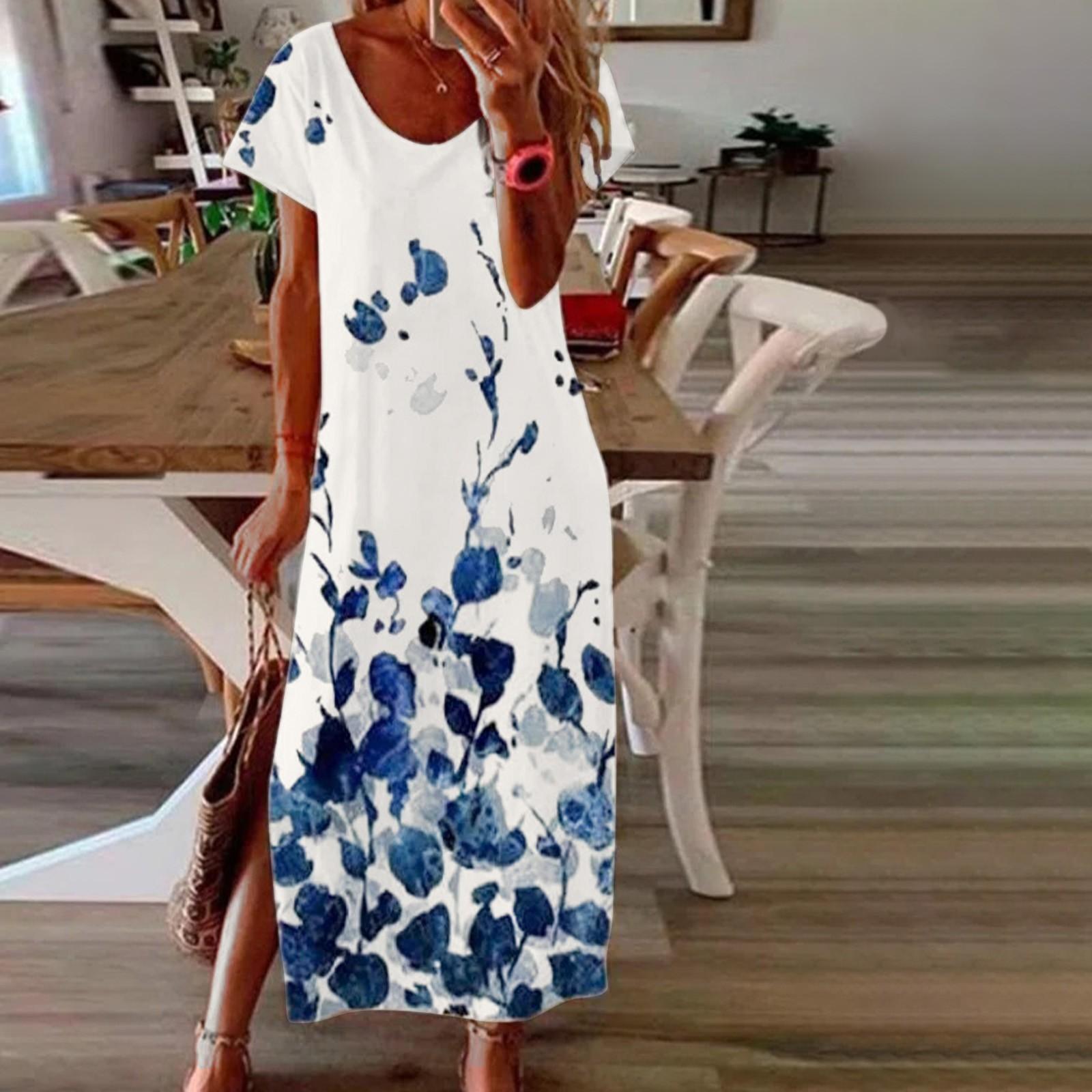 

Women s Boho Dresses Floral Print Short Sleeve V Neck Dress Casual High Waist Beach Maxi Dress XL білий