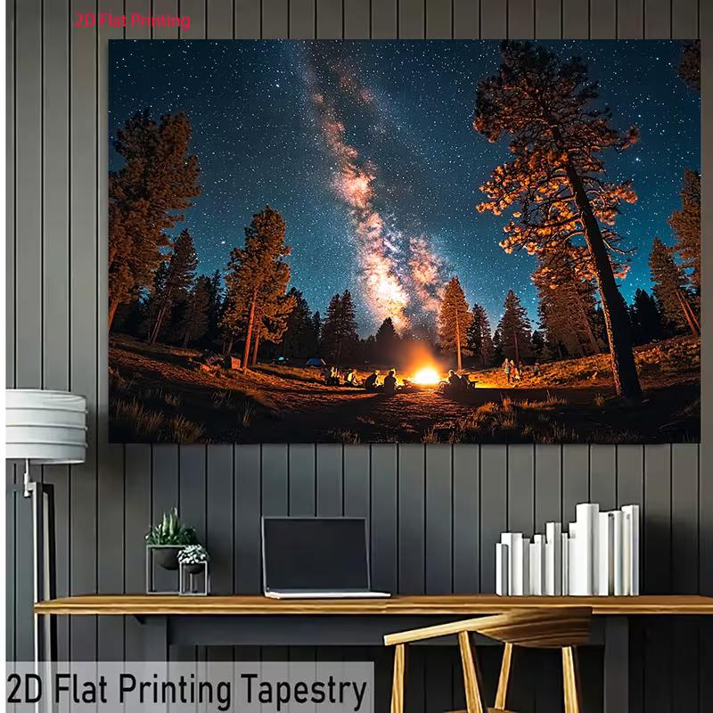 2D Camping Night Tapestry for Cabin Decor, Campfire with Friends Under the Milky Way