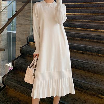 Large Size Women's Clothing Slightly Fat MM Solid Color Knitted Primer Dress Winter Temperament Long Sleeve Meat-covering Sweater Knee-length Dress