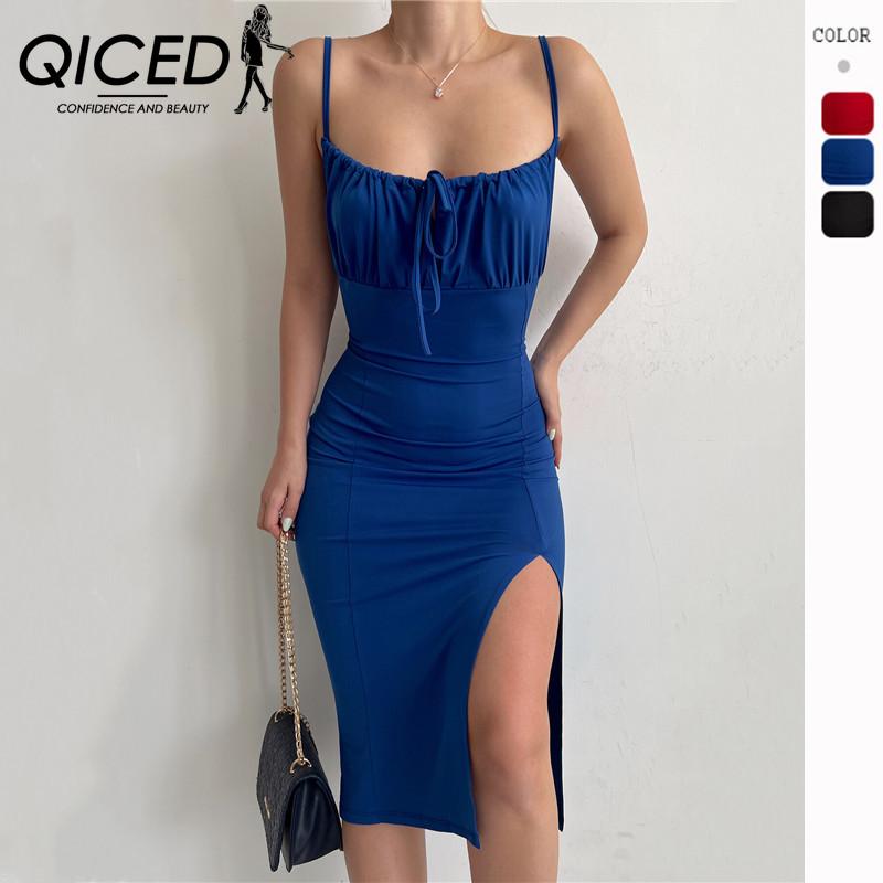 

QICED женские модные летние весенние однотонные повседневные платья без рукавов с квадратным воротником и высокой талией
