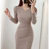 Dress Hong Kong Style Sexy V-neck Waist Hugging Slim fit Sheath Long sleeve Knitted dress Sexy Knit Dress