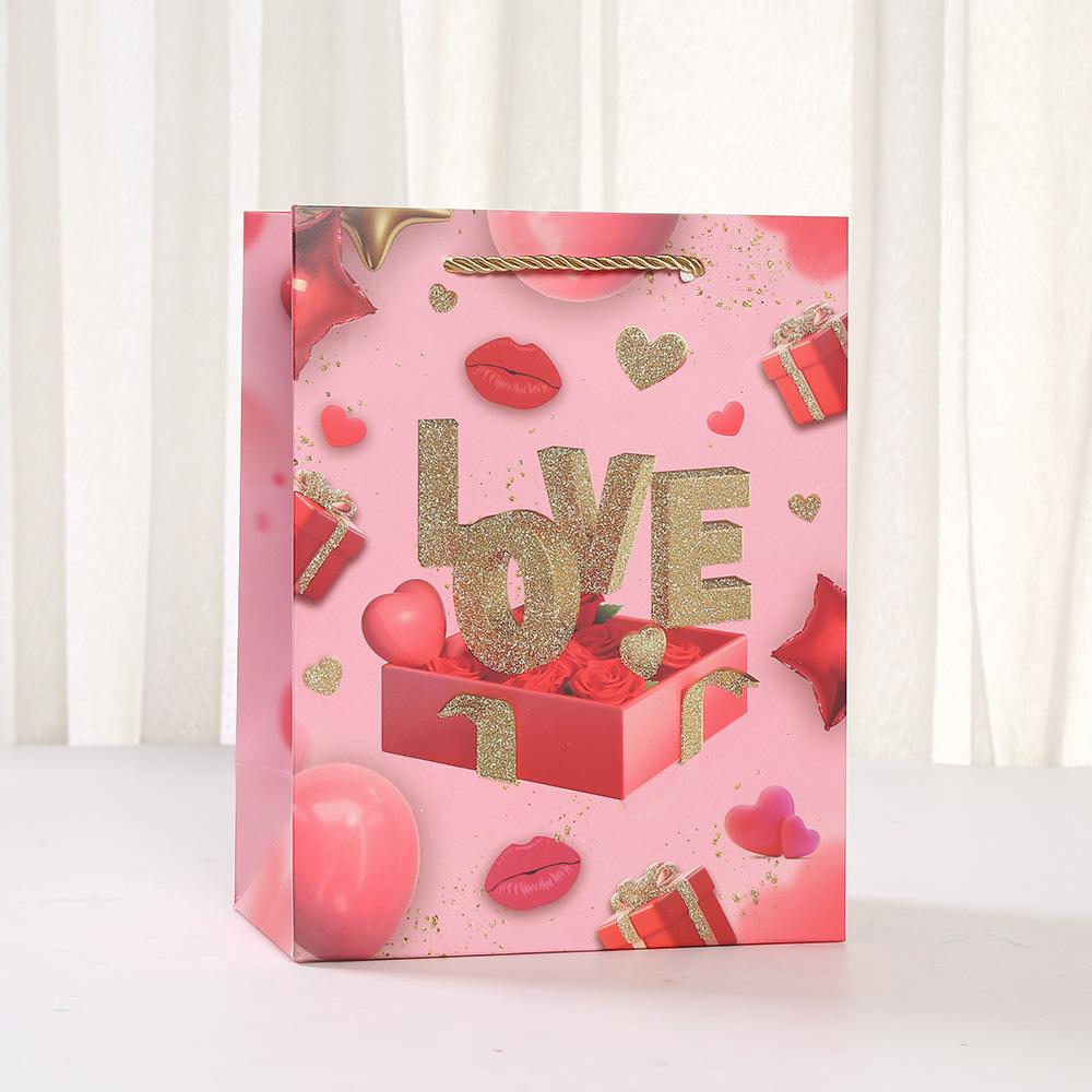 12pcs Valentines Day Gift Tote Bags Pink Hearts and Balloons Paper Present Bags Romantic Party Favor Shopping Bags