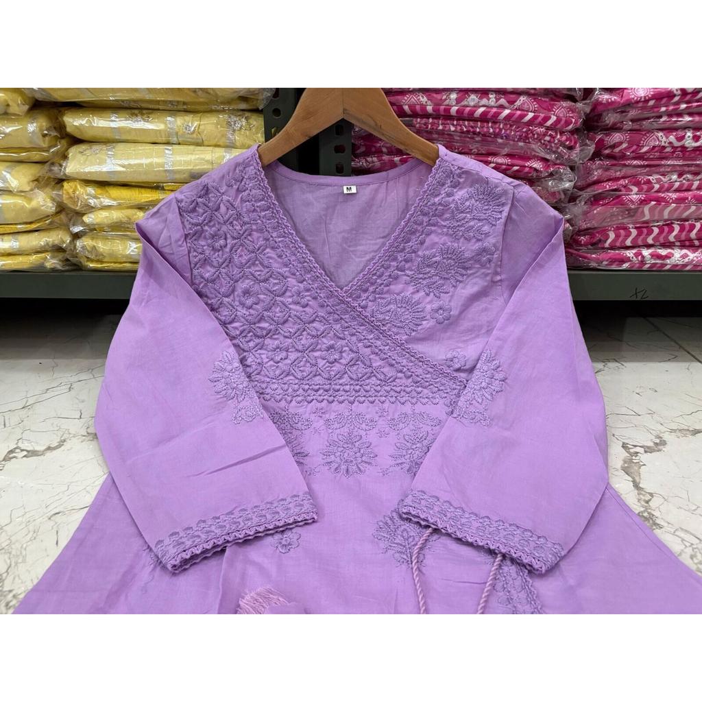 Women's Cotton Chikankari Angrakha Style Kurti Set Indian Pakistani Tunic Dress VF-1865