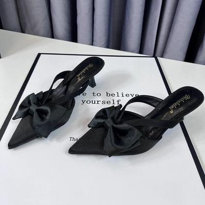 New Fashion Fairy Style Pink Cool Slippers for Women's Summer French Pointed Bow Hollow High Heels Half Wrapped Women's Slippers