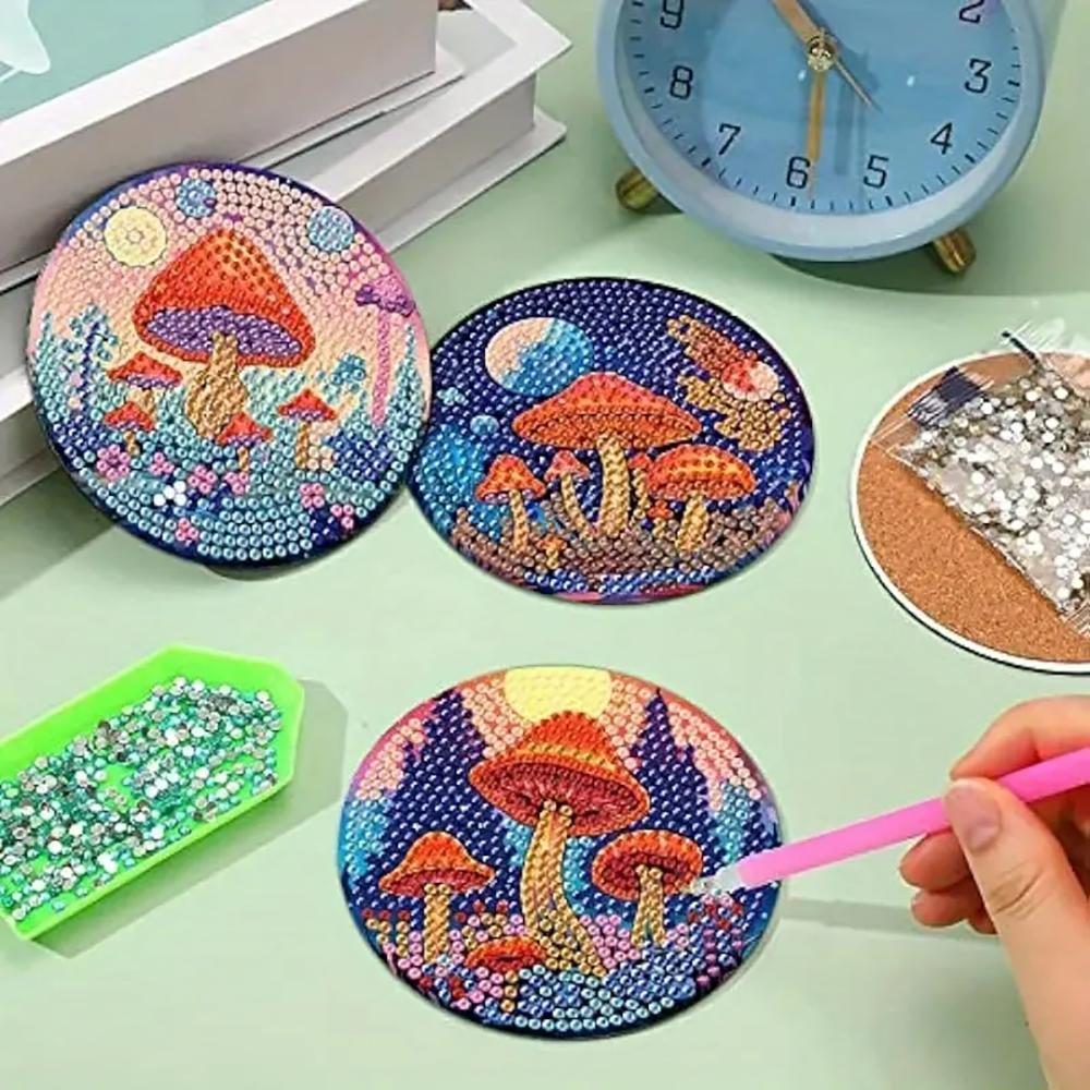 8 Pieces/set Mushroom House World Diamond Painted Coaster Set with Bracket DIY Coaster for Beginners and Adults, Art and Crafts Supplies Gift