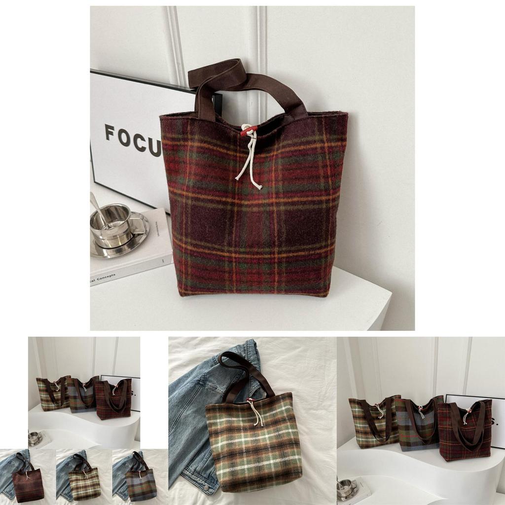 2024 New Korean Style Large Capacity Plaid Tote Bag Woolen Fabric Street Fashion Underarm Bag