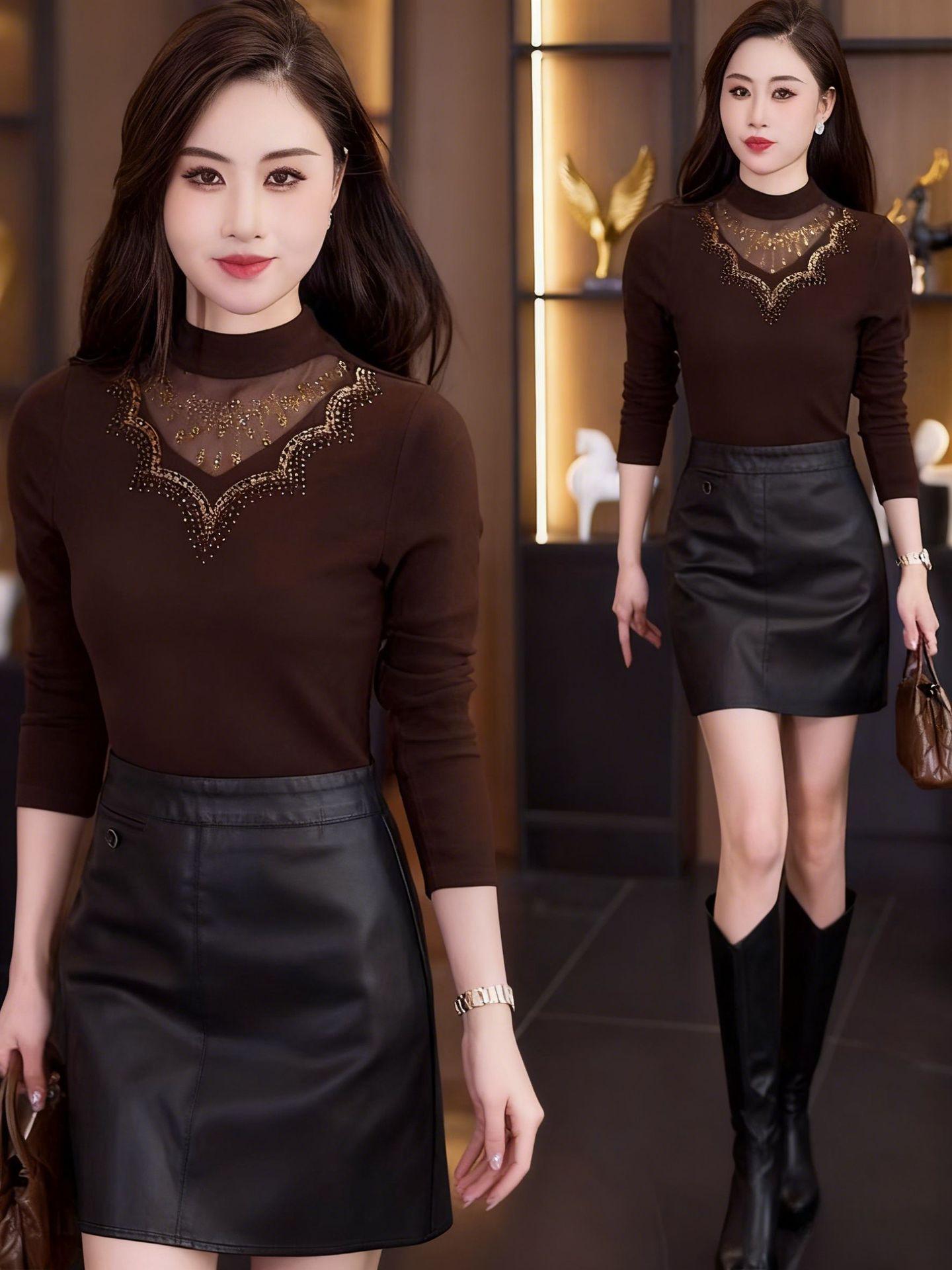 Elegant Mesh Long Sleeve High Neck Base Layer for Autumn/Winter - Tummy Covering Top for Middle-Aged and Elderly Mothers 4XL