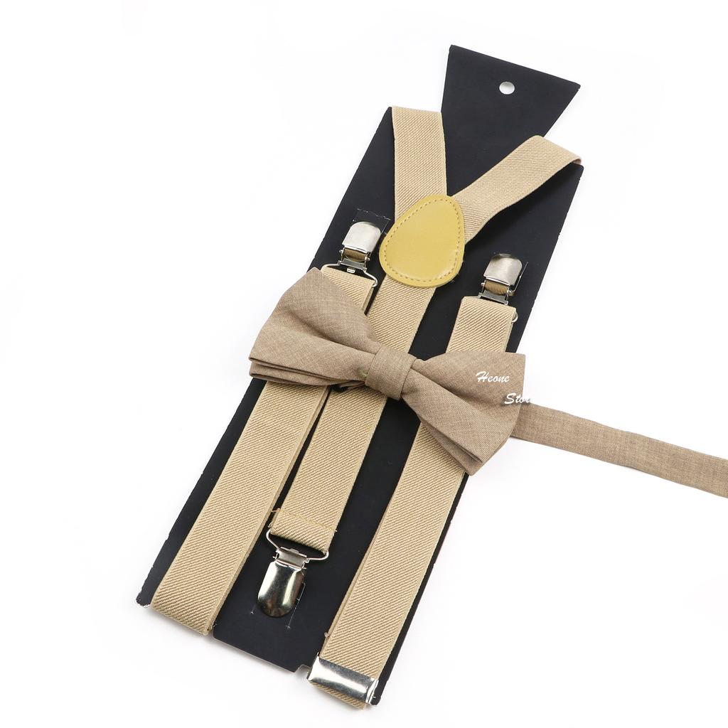 Men Kids Yellow Khaki Brown Suspender Bowtie Set Elastic Adjustable Y-Back Braces Straps Daily Father-Child Braces Accessory