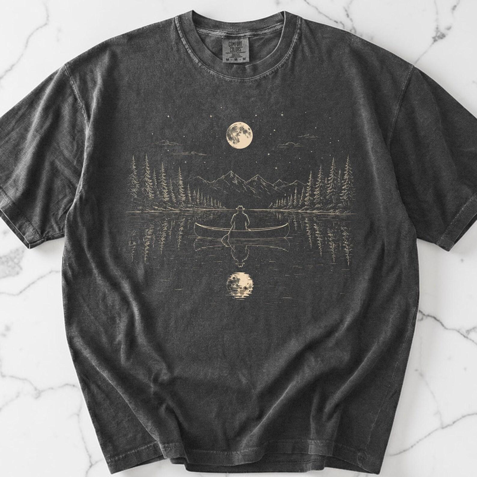 Canoe Shirt, Mountain Lake Tee, Unisex Comfort Colors, Fishing Shirt, Camping Shirt, Moon Shirt, Outdoorsman Gift, National Park Shirt M
