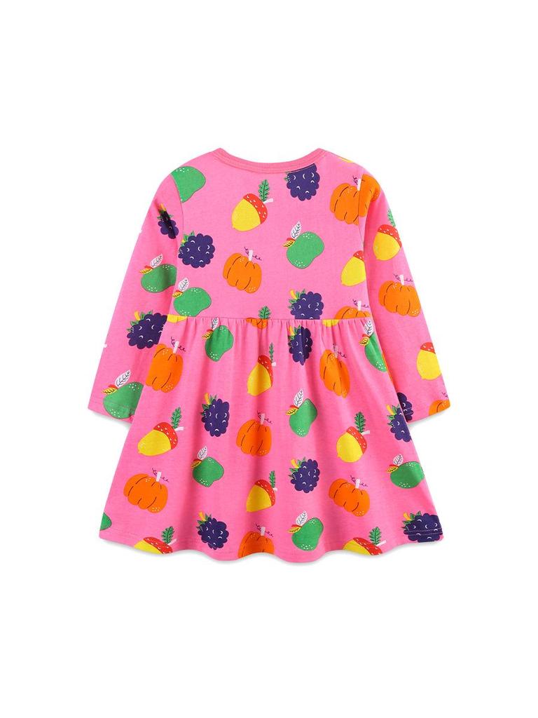 Autumn European Style Girls' Long-Sleeved Cartoon Print Princess Dress - Knitted Cotton, Round Neck