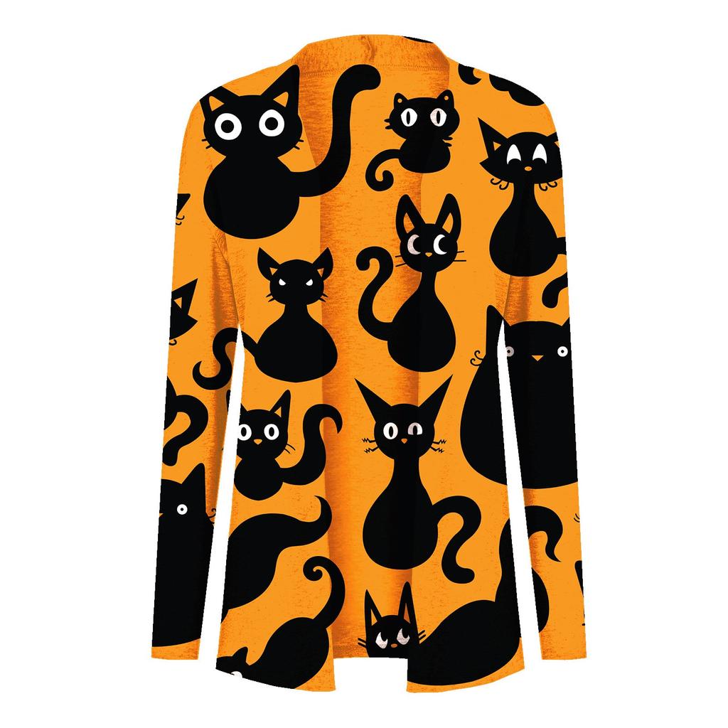 Fashion Women's Halloween  Cat  Print Long Sleeve Cardigan Jacket