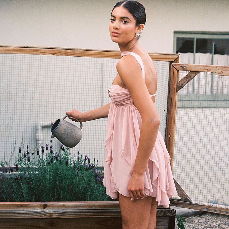 

# Sisjuly# Cozy Afternoon South French Idyllic Girl Print Pleating Irregular Stacking Hanging Neck Dress Women Pink L