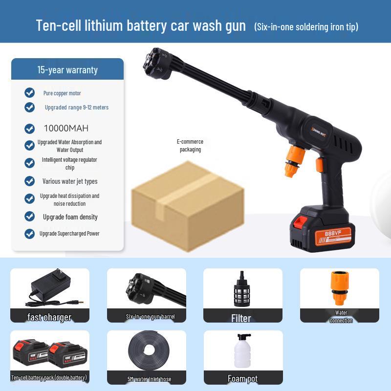 Portable Wireless Lithium Battery Car Washer: 10-Setting High-Pressure Water Gun with Six-in-One Head