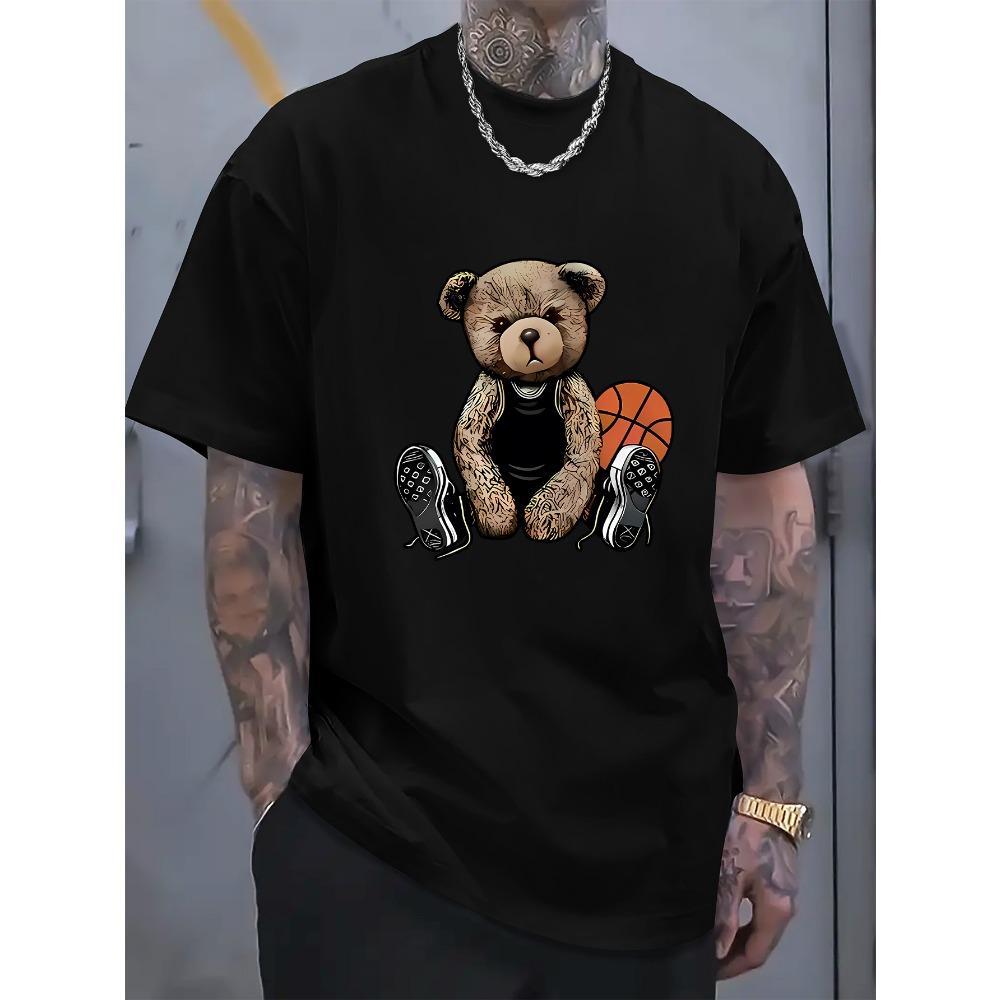 Men's Summer Fashionable and Fun Basketball Bear Print Comfortable and Breathable Round Neck T-shirt Outdoor Casual Top