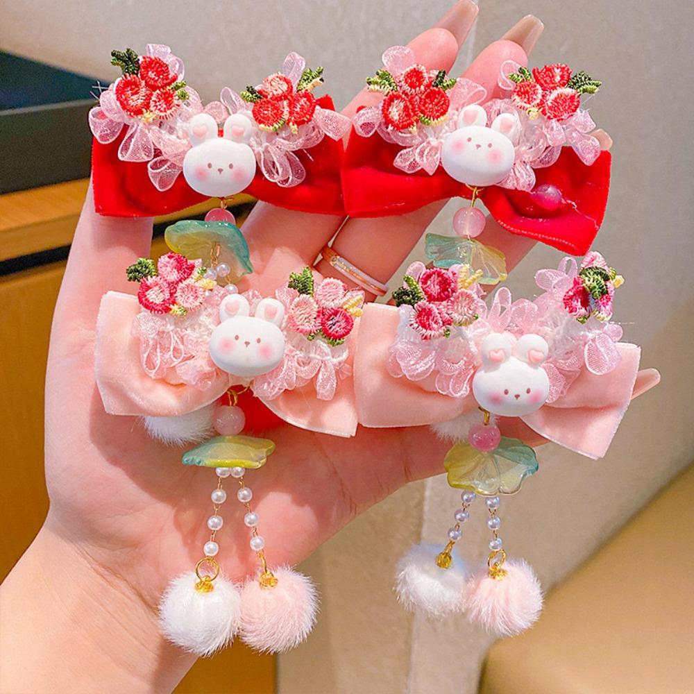 Bowknot Plush Fringe Hairpin Rabbit Chinese Style Barrettes Children's New Year Hair Clip  Festival