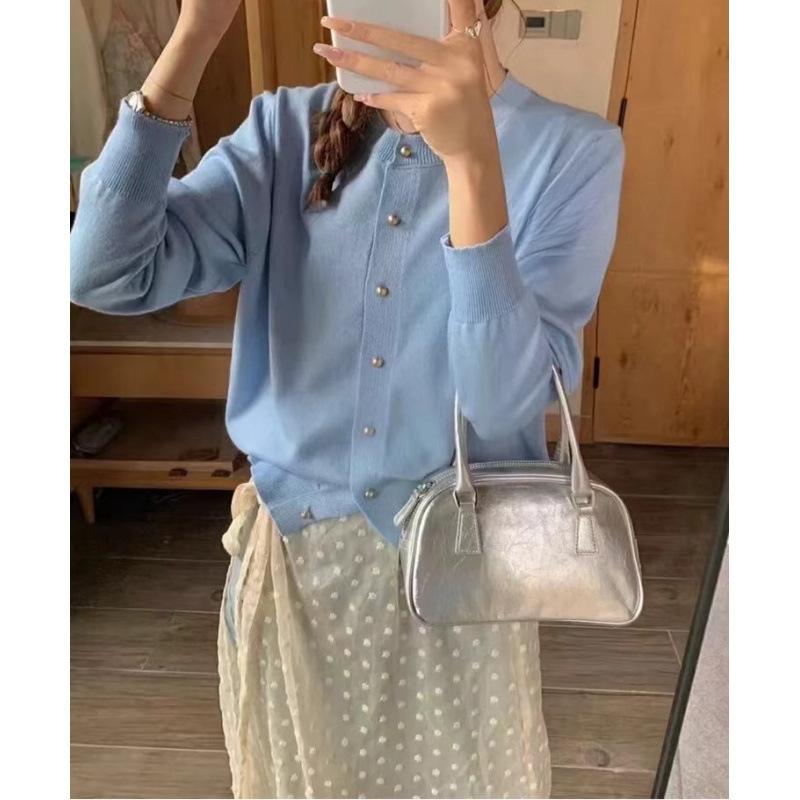 Spring and autumn new top jacket age-reducing candy-colored sweater long-sleeved crew neck women's knitted cardigan