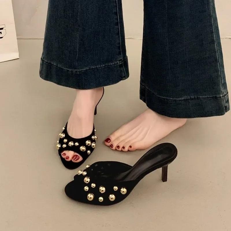 Fashion Studded Peep Toe Mules Stiletto Slip On Gold Rivets Decor Classic Sexy Women Summer Sandals Dress Party Daily Casual Single Shoe
