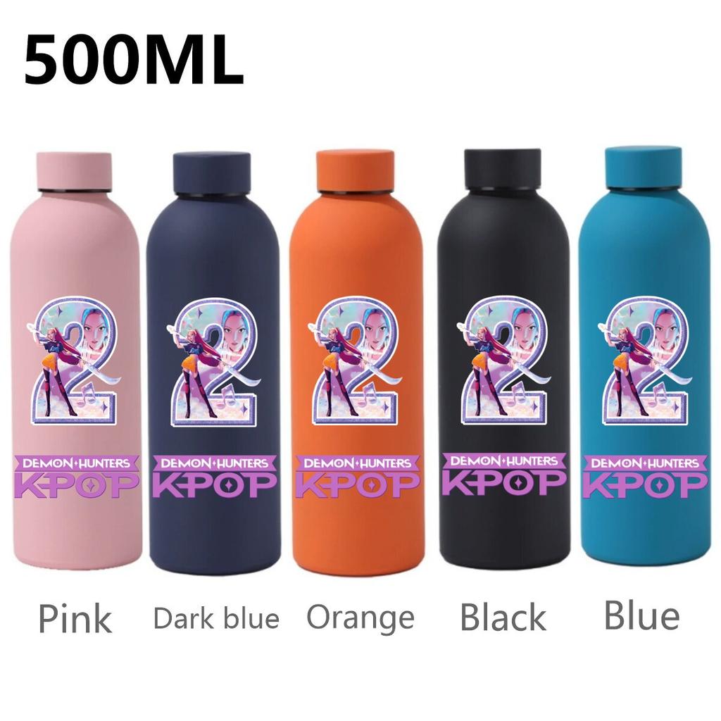 500ML KPop Demon Hunters Sport Leak Proof Stainless Steel Insulated Mug Water Cup Letter Number Cartoon Print Birthday Gifts