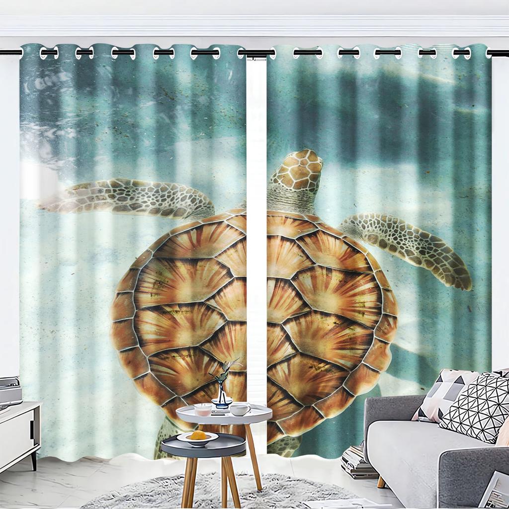 Cartoon Sea Turtles Curtain Sets, Window Decoration, 100% Polyester Shade, Bedroom, Living Room