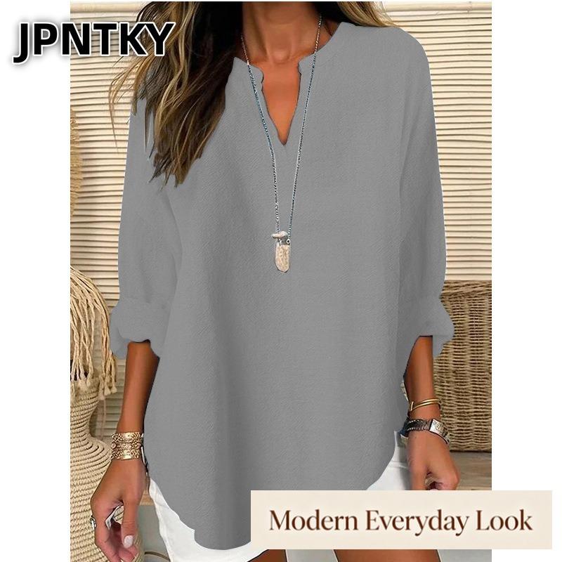 JPNTKY Women's Fashion Casual Solid Color Print V-Neck Long Sleeve Blouses & Shirts