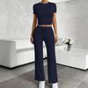 Spring 2026 Women's Solid Color Casual Two-Piece Set - Short Sleeve Top & Long Pants