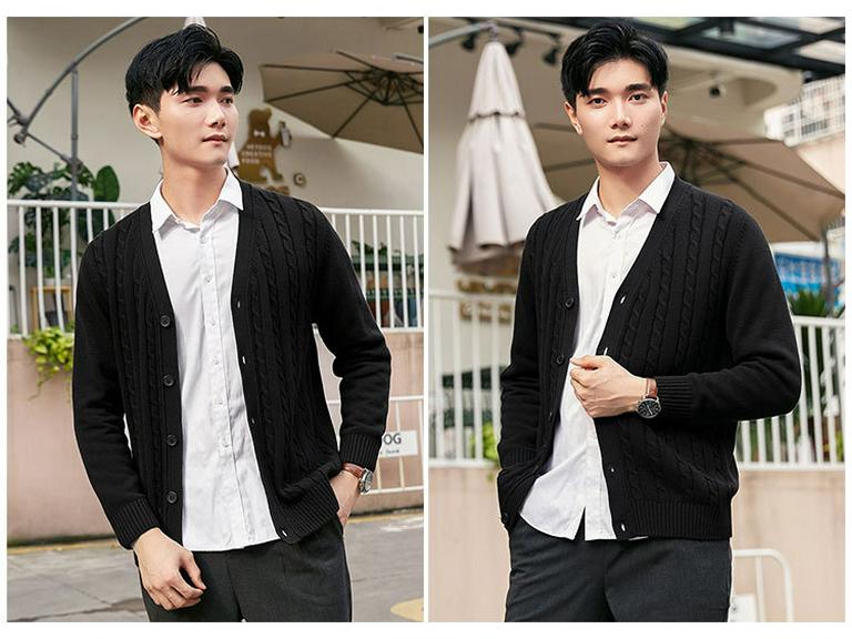 2025 New Autumn/Winter Men's Pure Cotton Cable Knit Cardigan: Youthful, Casual, V-Neck Sweater Coat, Thickened for Warmth.
