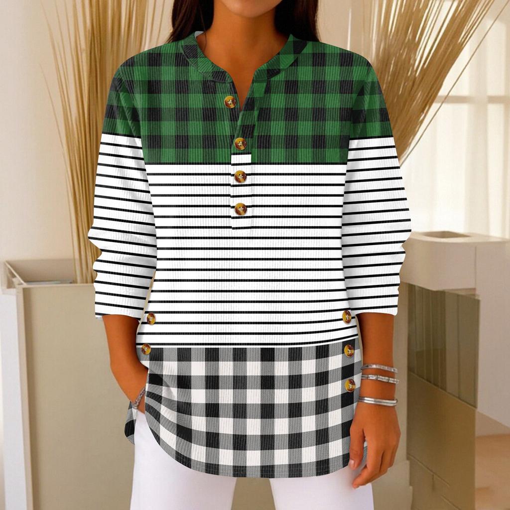 Women's Fashionable Button Collar Long-sleeved Christmas Print Pullover Top