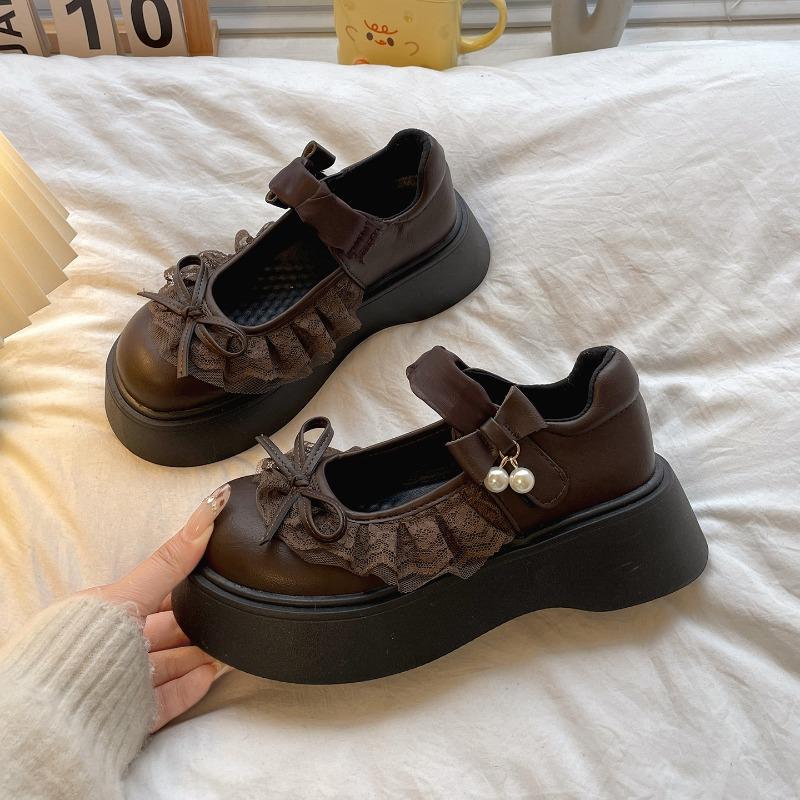 Britischer Stil Vintage Damen Mary Jane Schuhe Schlichter Schmetterlingsknoten Einzelne Schuhe Damen Höhensteigerung Kleid Leder Pumps