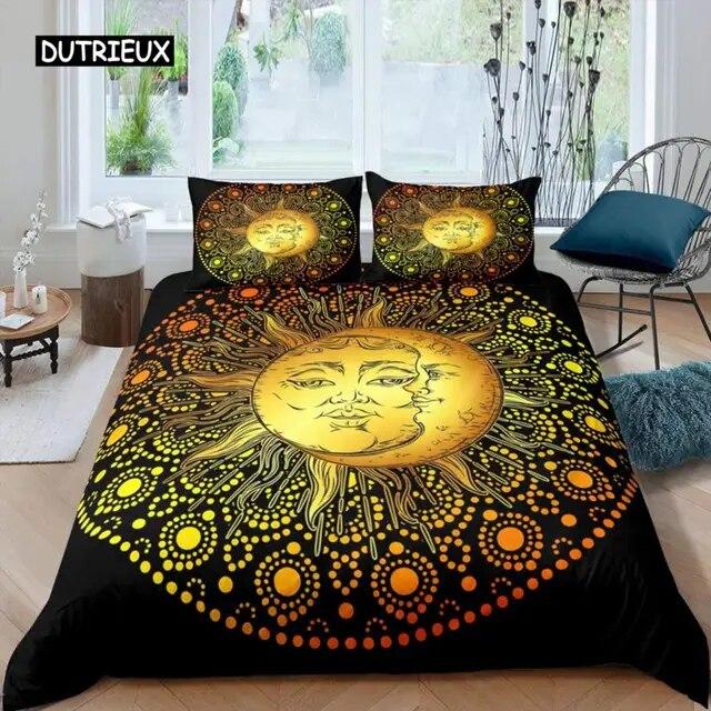 Sun Moon Duvet Cover Set Queen Microfiber Bohemian Black and White Print Yin Yang Comforter Cover Galaxy Star Twin Bedding Set Three Piece Set