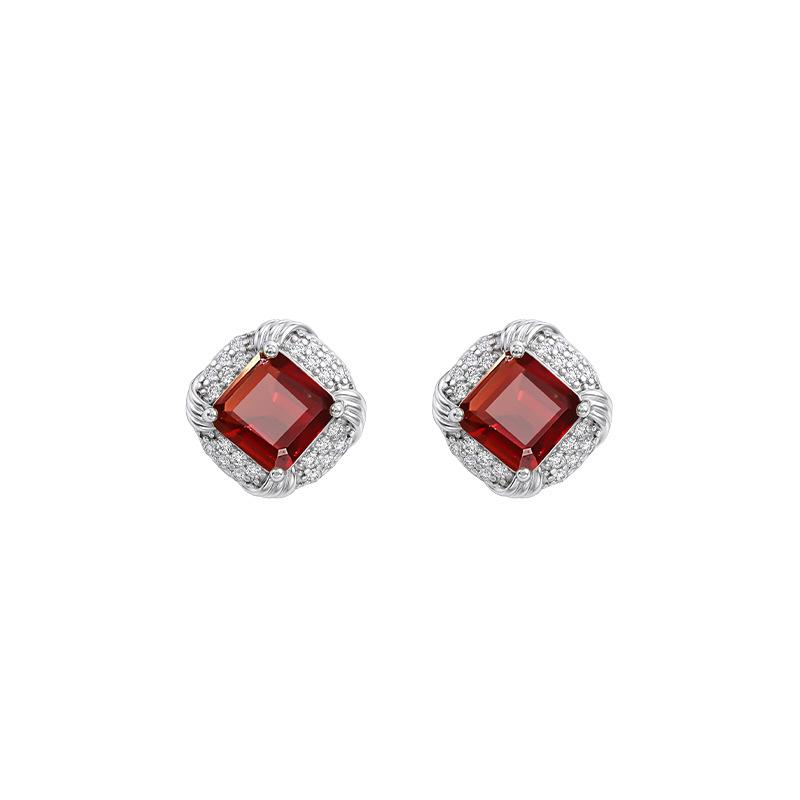 Princess Personality Wind S925 Sterling Silver Sugar Cube Earrings Inlaid with Natural Garnet Crystal Topaz Earrings