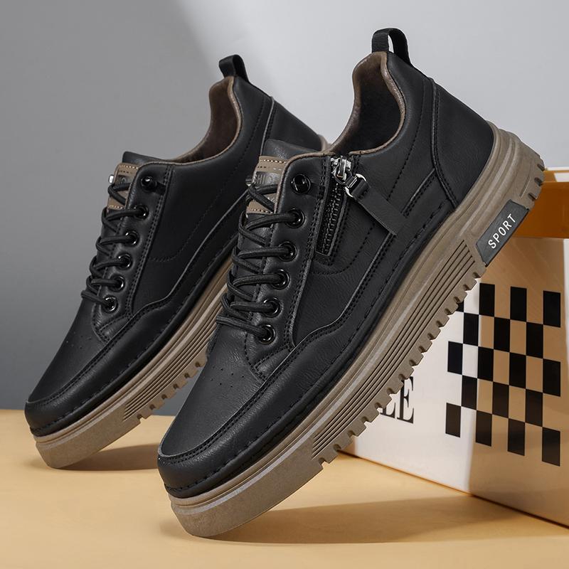 Men's Slip-On Sports Shoes Soft Bottom Casual All-Match Side Zipper Fashionable White Sneakers Spring Season Ultra-Leather