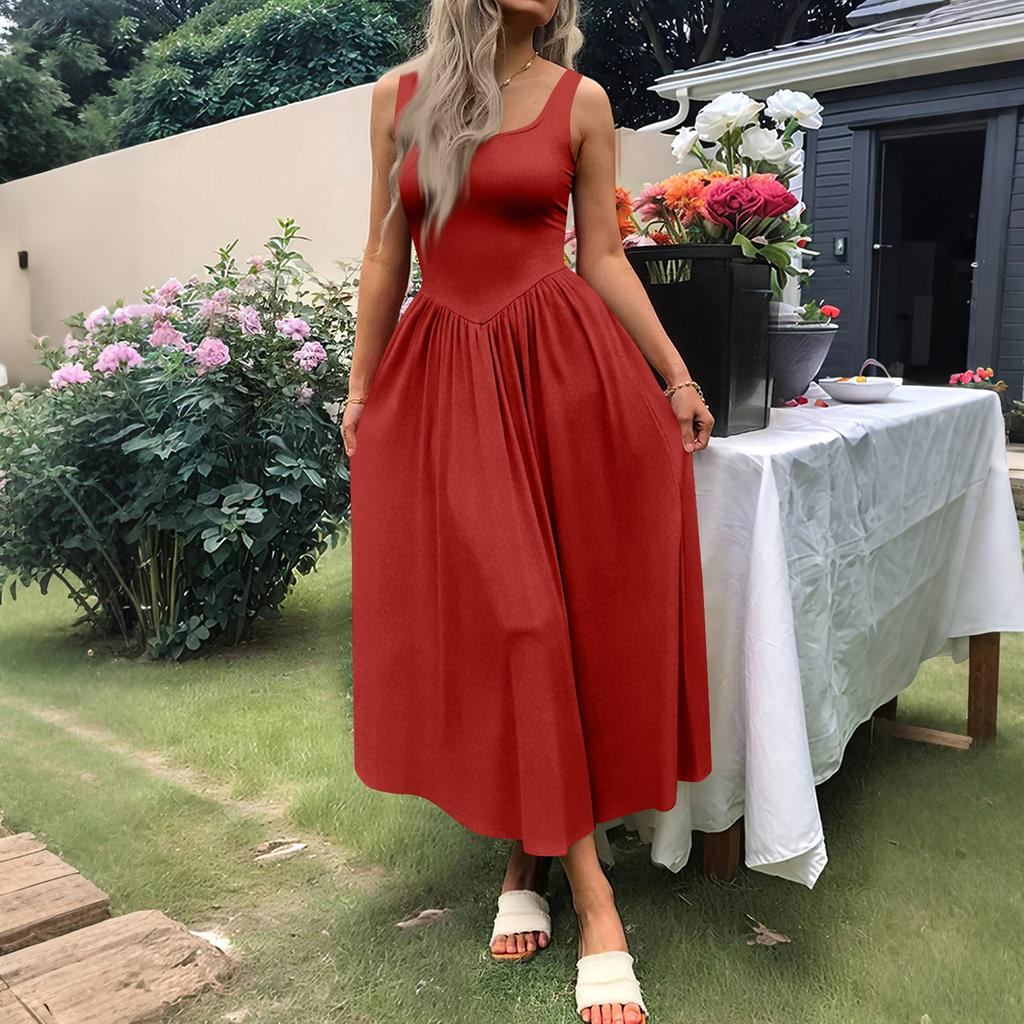 Women's Casual Dress With Square Neck, Long Sleeveless Maxi Dress For Daily Life, Women's Summer Dress