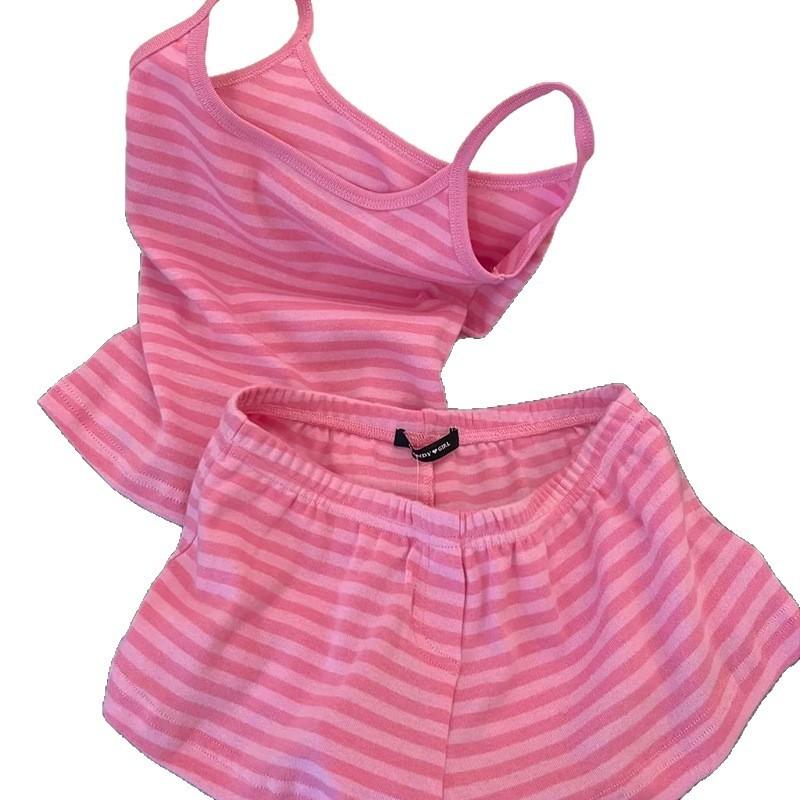 Lazy Dopamine Pink Striped Pajama Set With Sleeveless Shorts For Summer Home Lounge