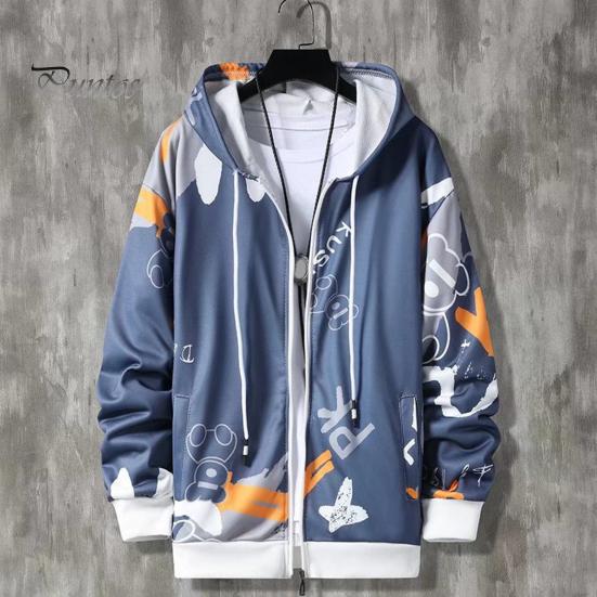 2 Pcs/Set Men Coat Pants Suit Hooded Letter Print Drawstring Zipper Closure Loose Elastic Waist Hip Hop Ankle-banded Men Sportwear