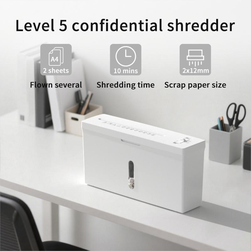 Mini P-5 High Security Paper Shredder, 4-Sheet Micro Cut, Portable Desktop, for Home Use, Anti-Jam, Quiet, Lightweight, 2 Gallon Wastebasket.