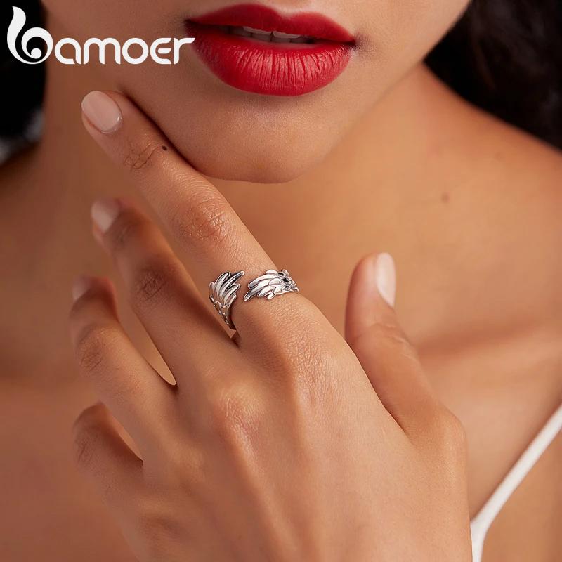 Bamoer 925 Silver Guardian Wings Open Ring Angel Wing Adjustable Finger Ring for Women Fashion Statement Jewelry SCR512