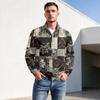 Men's Fall Winter Paneled Print Zip Neck Pullover with Stand Collar Casual Wrinkle- Athletic Top